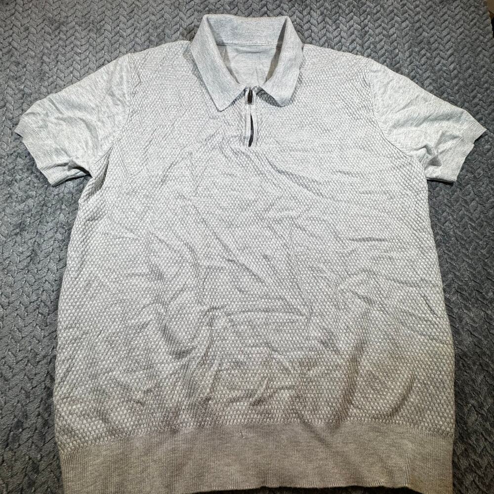 Men's Gray Textured Knit Quarter-Zip Polo Shirt Short Sleeve Size L/XL